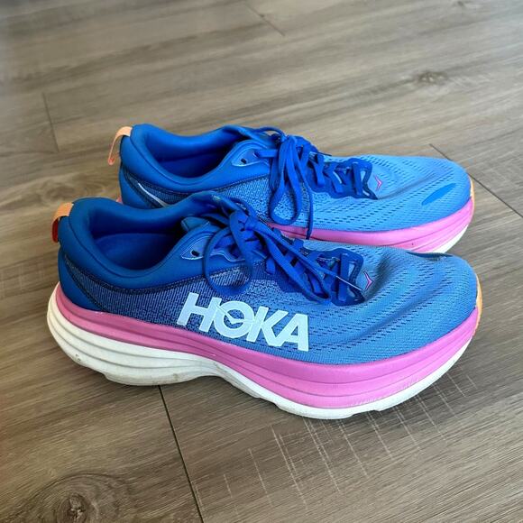 Hoka One One Bondi 8 Womens Size 10 Blue Pink and White - Picture 1 of 12